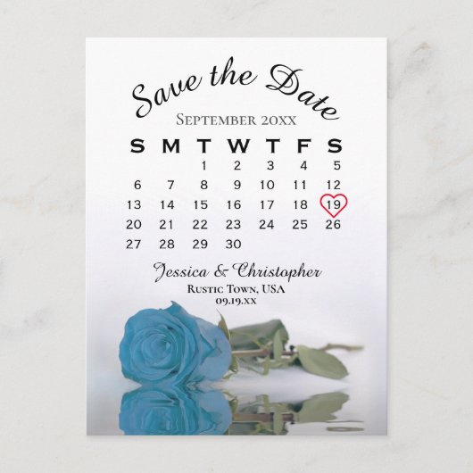Carte Postale Faire-part Calendrier Rose bleu turquoise Enregistrer la date (Devant)