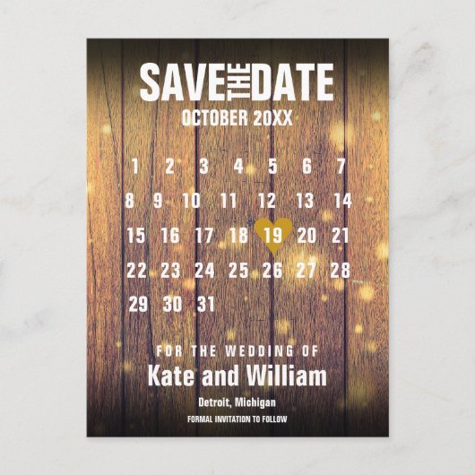 Carte Postale Faire-part Calendrier Rustique Bois Enregistrer la date Gold  (Devant)
