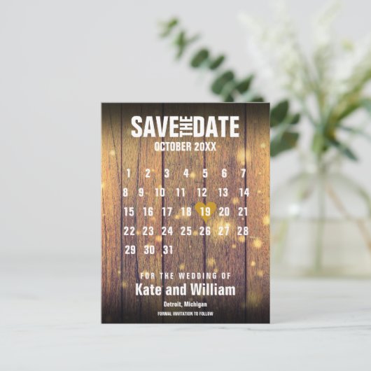 Carte Postale Faire-part Calendrier Rustique Bois Enregistrer la date Gold (Debout devant)