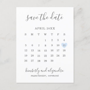 Carte Postale Faire-part Calendrier simple bleu pastel cœur enregistrer la 