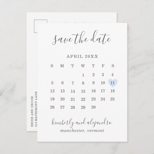 Carte Postale Faire-part Calendrier simple Pastel Blue Heart Enregistrer la (Devant / Derrière)