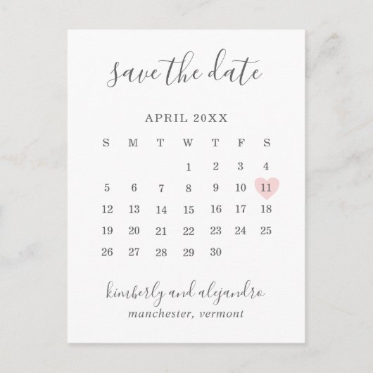 Carte Postale Faire-part Calendrier simple Pastel Pink Heart Enregistrer la (Devant)