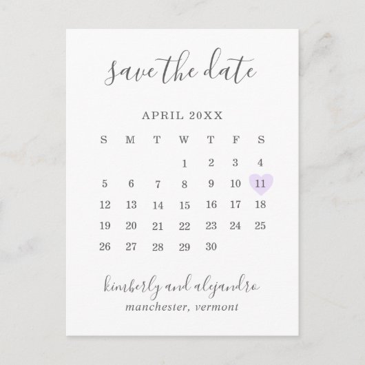 Carte Postale Faire-part Calendrier simple Pastel Purple Heart Enregistrer (Devant)