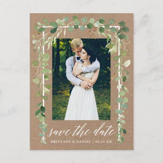 Carte Postale Faire-part Calligraphie Botanique Enregistrer La Date Kraft (Devant)