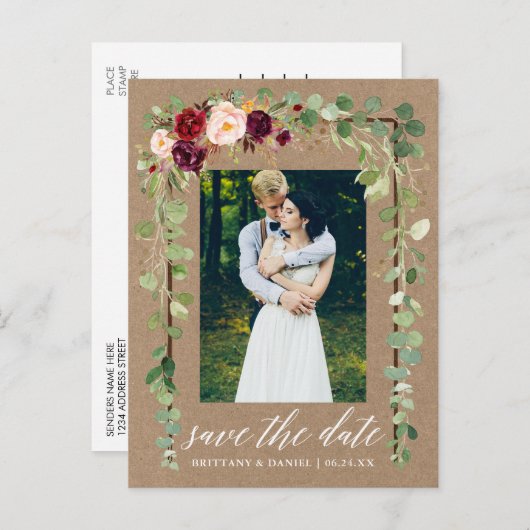 Carte Postale Faire-part Calligraphie Botanique Floral Enregistrer La Date  (Devant / Derrière)