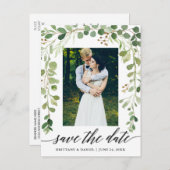 Carte Postale Faire-part Calligraphie Botanique Vert Enregistrer La Date Ph (Devant / Derrière)