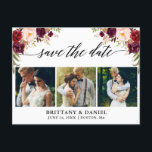 Carte Postale Faire-part Calligraphie Bourgogne Floral Enregistrer La Date<br><div class="desc">Écriture Calligraphique Moderne,  Aquarelle Florale Bourgogne,  Faire Part Mariage Engagement Couple 3 Photo Carton</div>