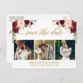 Carte Postale Faire-part Calligraphie Bourgogne Save The Date 3 Photo Or (Devant / Derrière)