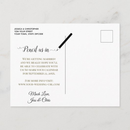 Carte Postale Faire-part Calligraphie d'or Mariage Enregistrer la date Mari (Dos)