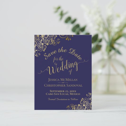 Carte Postale Faire-part Calligraphie d'or Mariage Enregistrer la date Mari (Debout devant)