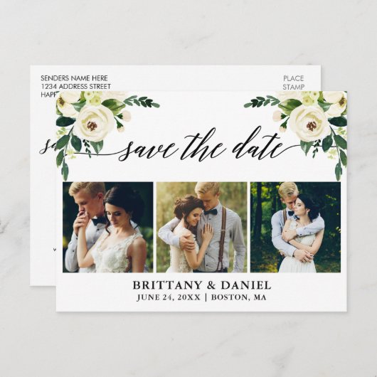 Carte Postale Faire-part Calligraphie Fleur Verte Enregistrer La Date 3 Pho (Devant / Derrière)