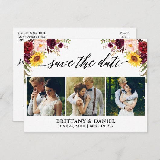 Carte Postale Faire-part Calligraphie Fleurs Mixtes Save The Date 3 Photo (Devant / Derrière)