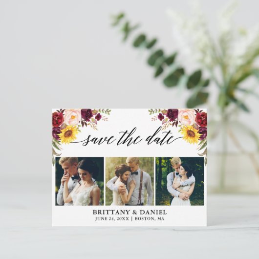 Carte Postale Faire-part Calligraphie Fleurs Mixtes Save The Date 3 Photo (Debout devant)