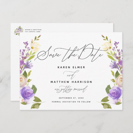 Carte Postale Faire-part Calligraphie Florale Violet Enregistrer La Date (Devant / Derrière)