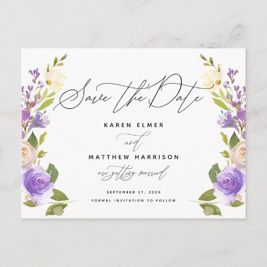 Carte Postale Faire-part Calligraphie Florale Violet Enregistrer La Date (Devant)