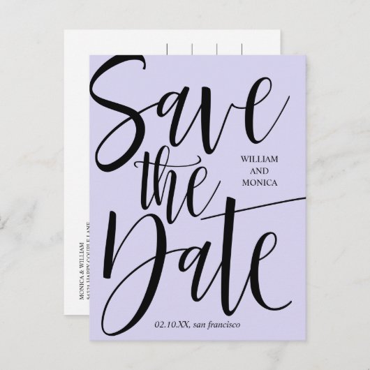 Carte Postale Faire-part Calligraphie Gras | Mariage moderne violet noir (Devant / Derrière)