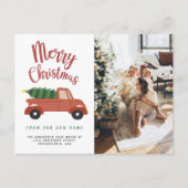 Carte Postale Faire-part Calligraphie Joyeux Arbre de Noël Rouges Voiture M (Devant)