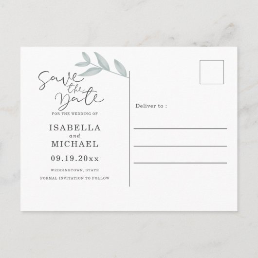 Carte Postale Faire-part Calligraphie Mariage botanique Enregistrer la date (Dos)