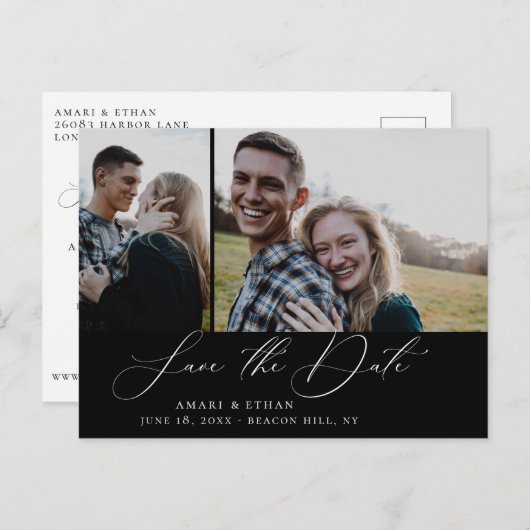 Carte Postale Faire-part Calligraphie moderne de Boho Multi-Photo Enregistr (Devant / Derrière)