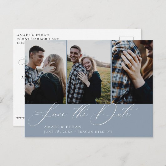 Carte Postale Faire-part Calligraphie moderne Dusty Blue Photo Enregistrer (Devant / Derrière)