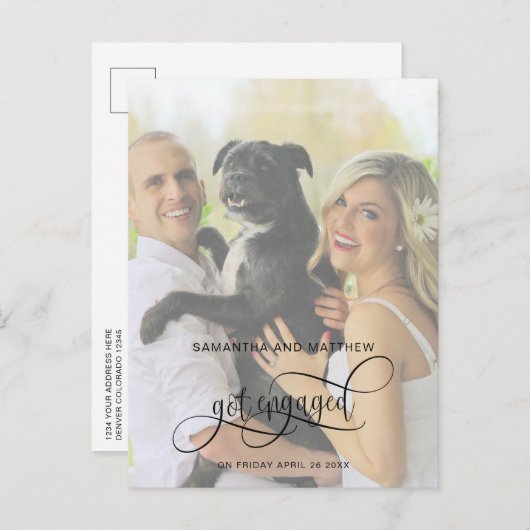 Carte Postale Faire-part Calligraphie, photo Fiançailles engagée (Devant / Derrière)