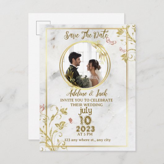 Carte Postale Faire-part Calligraphie romantique Monogramme Photo Mariage T (Devant / Derrière)