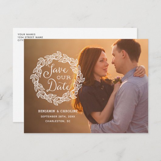 Carte Postale Faire-part Calligraphie rustique Photo Enregistrer la date (Devant / Derrière)