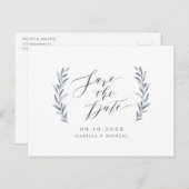 Carte Postale Faire-part Calligraphie simple mariage verdure bleu poussiére (Devant / Derrière)