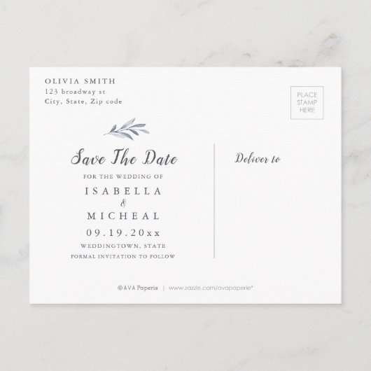 Carte Postale Faire-part Calligraphie simple mariage verdure bleu poussiére (Dos)