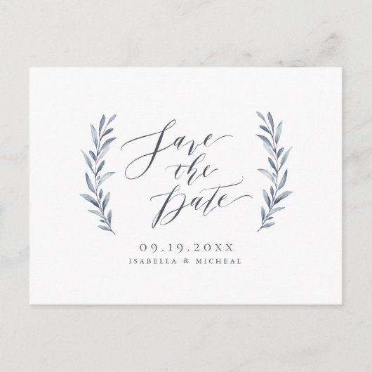 Carte Postale Faire-part Calligraphie simple mariage verdure bleu poussiére (Devant)