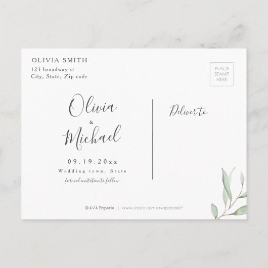 Carte Postale Faire-part Calligraphie verte minimale rustique enregistrer l (Dos)