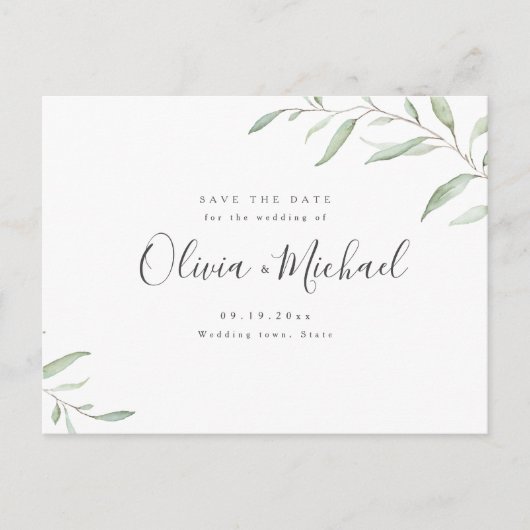 Carte Postale Faire-part Calligraphie verte minimale rustique enregistrer l (Devant)