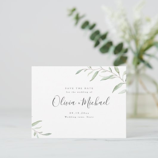 Carte Postale Faire-part Calligraphie verte minimale rustique enregistrer l (Debout devant)