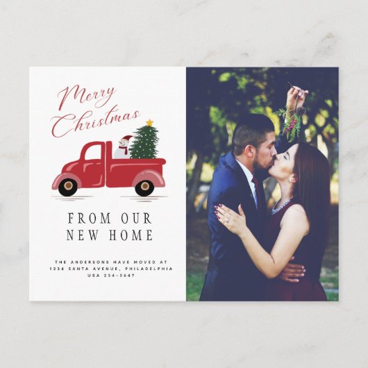 Carte Postale Faire-part Camion rouge avec sapin de Noël et motoneige (Devant)