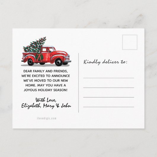 Carte Postale Faire-part Camionnette Rouge Rustique de Noël en Mouvement (Dos)