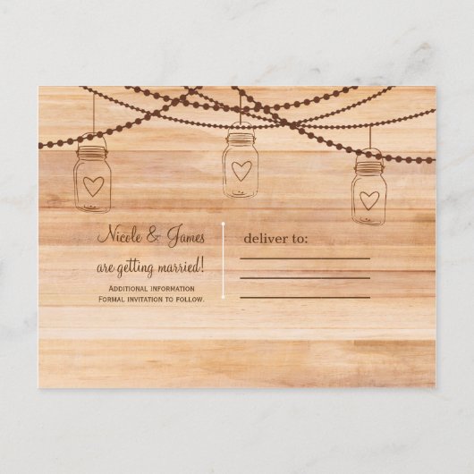 Carte Postale Faire-part Campagne Rustique en Bois & Pots Mason pour Sauveg (Dos)