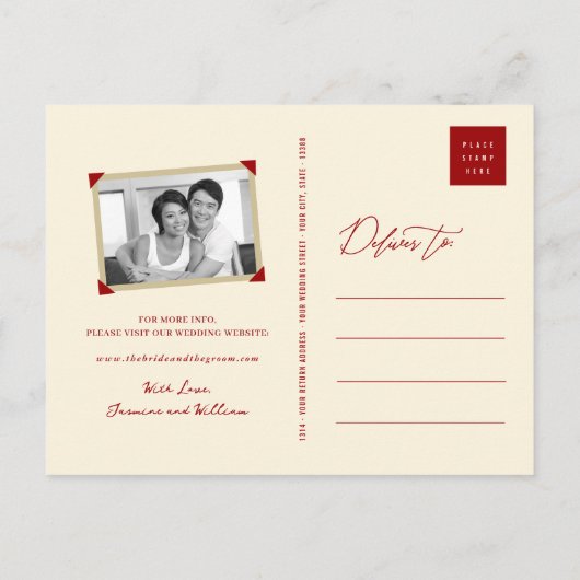 Carte Postale Faire-part Carré classique rouge double bonheur photo chinois (Dos)