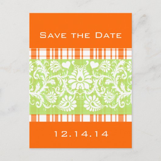 Carte Postale Faire-part Carreaux vert sur orange surmontés de damas blanc (Devant)