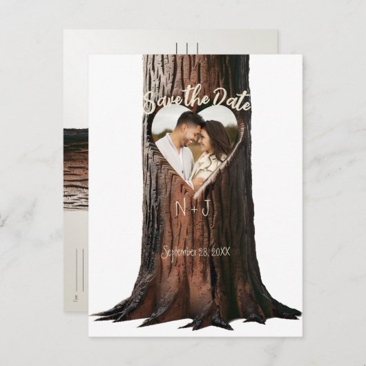 Carte Postale Faire-part Carved Heart Tree Stump Rustique Enregistrer la da (Devant / Derrière)