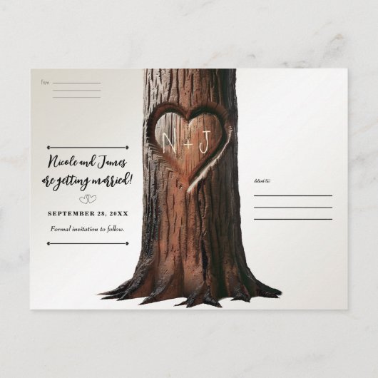Carte Postale Faire-part Carved Heart Tree Stump Rustique Enregistrer la da (Dos)