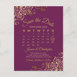 Carte Postale Faire-part Cassis Purple Gold Wedding Enregistrer le calendri