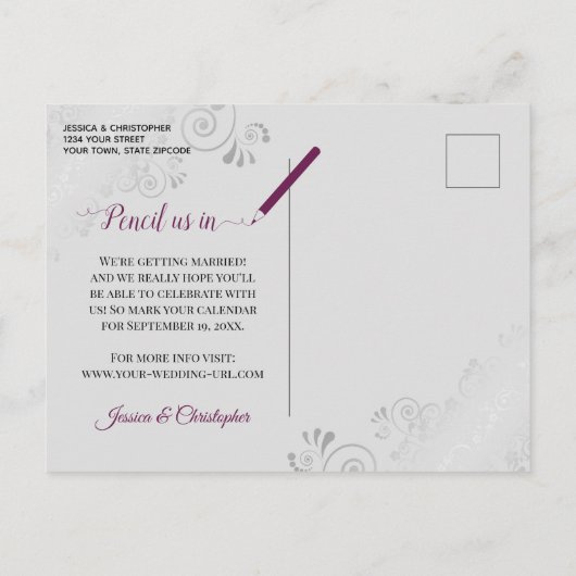 Carte Postale Faire-part Cassis Purple Grey Wedding Enregistrer le calendri (Dos)