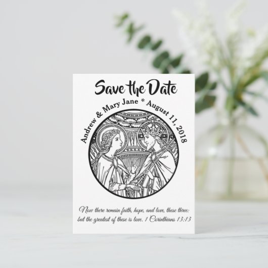 Carte Postale Faire-part catholique SAVE LA DATE Mariage noir & blanc (Debout devant)