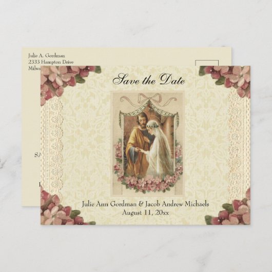Carte Postale Faire-part Catholique traditionnel ENREGISTRER LA DATE Mariag (Devant / Derrière)