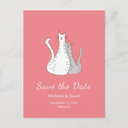 Carte Postale Faire-part Cats Dessin Mariage simple Enregistrer la date ros (Devant)