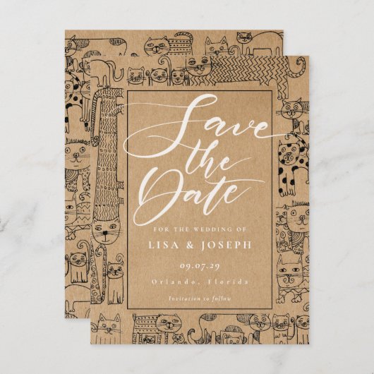 Carte Postale Faire-part Cats Rustic Kraft Script Enregistrer la date (Devant / Derrière)