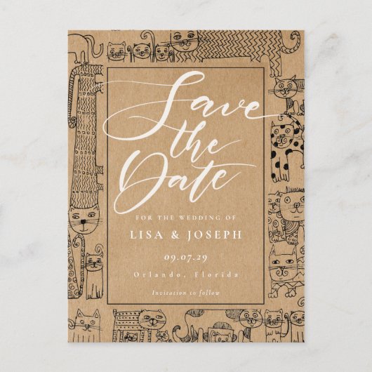 Carte Postale Faire-part Cats Rustic Kraft Script Enregistrer la date (Devant)