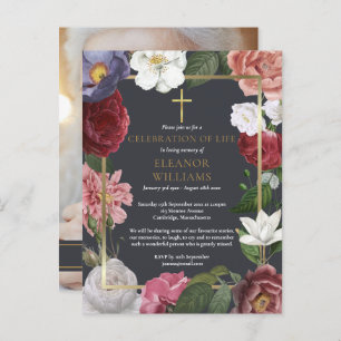 Carte Postale Faire-part Célébration de la vie Croix d'or Rose Floral Photo
