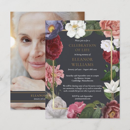 Carte Postale Faire-part Célébration de la vie Rose Fleur Photo (Devant / Derrière)