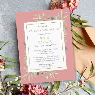 Carte Postale Faire-part Célébration de vie funéraire de verdure rose pouss